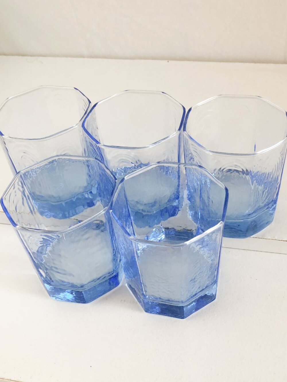 Vintage 80s Libbey Facets Blue Geometric Whiskey Glasses